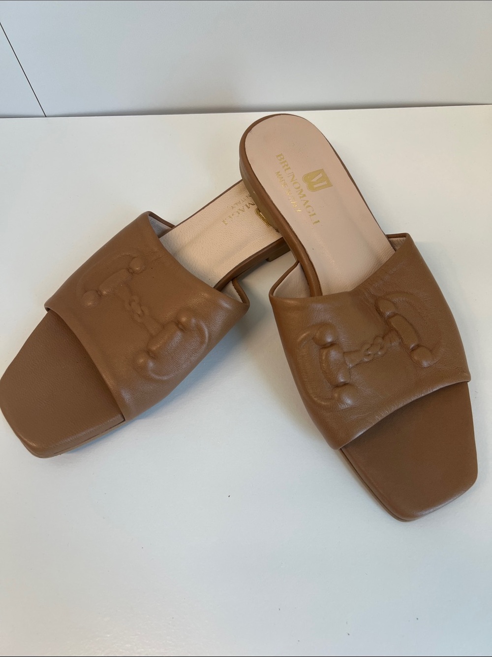 Bruno Magli Tan Leather Embossed Slide Mules